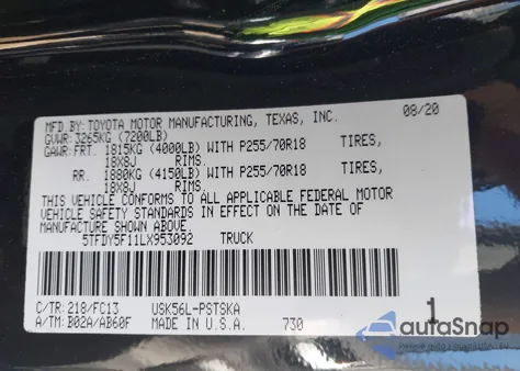 2020 Toyota Tundra 4Wd Sr5 z USA, uszkodzony, nr VIN 5TFDY5F11LX953092